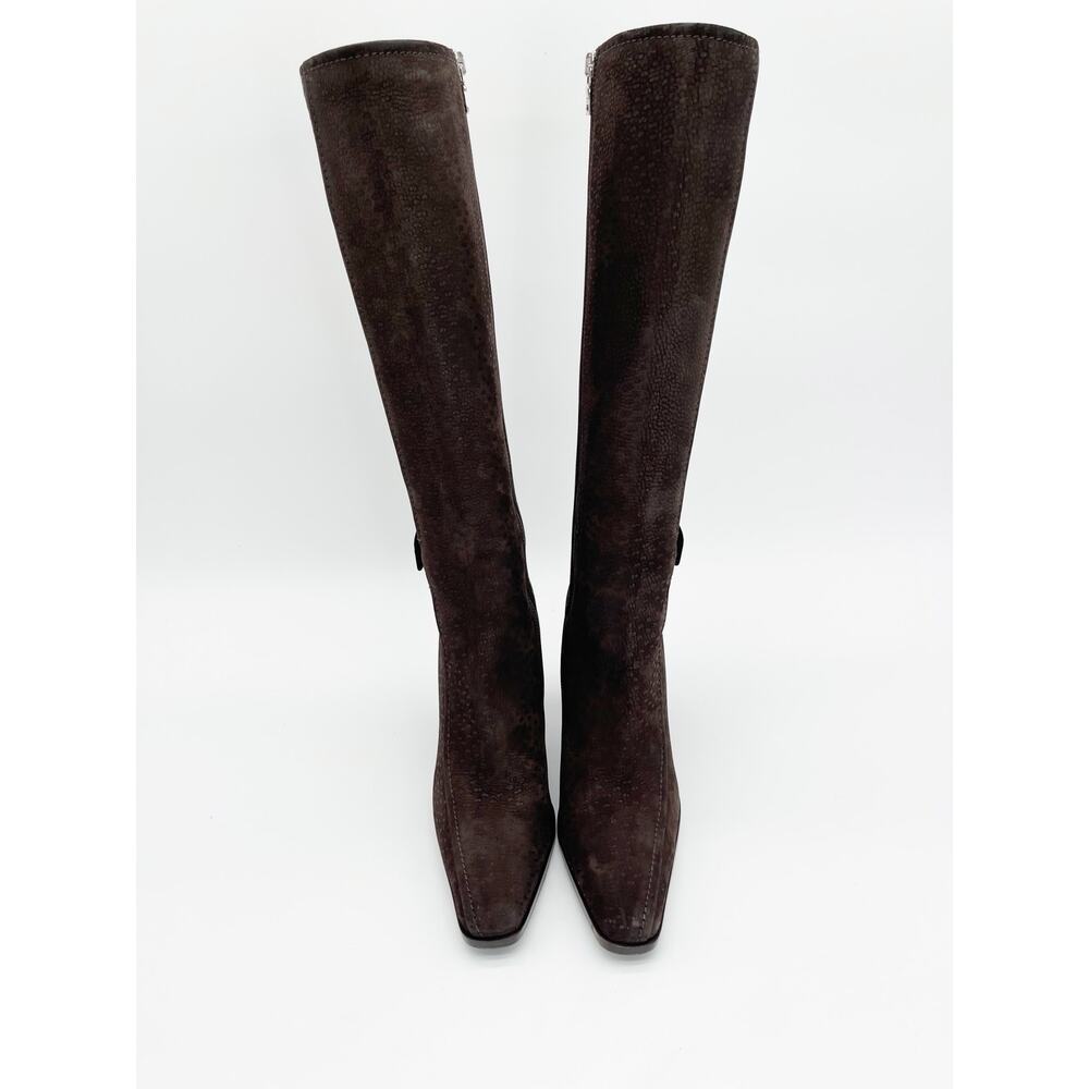 Prada Vintage Brown Embossed Nubuck Square Toe Heeled Knee High Boots IT 36.5 - Picture 7 of 14